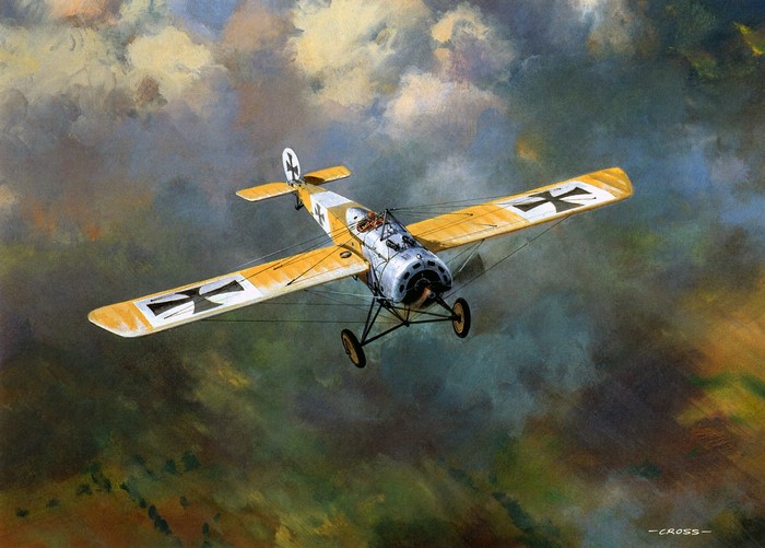 Painting of a yellow WWI German biplane in flight