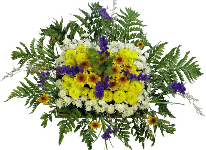 Bouquet of yellow, white, and purple flowers with ferns