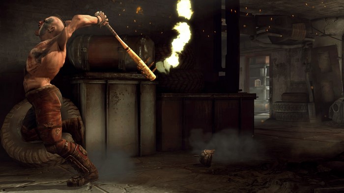 Man with baseball bat in a destroyed room