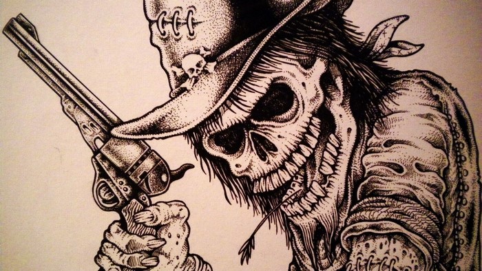 Skeleton cowboy with a revolver and an arrow in its mouth