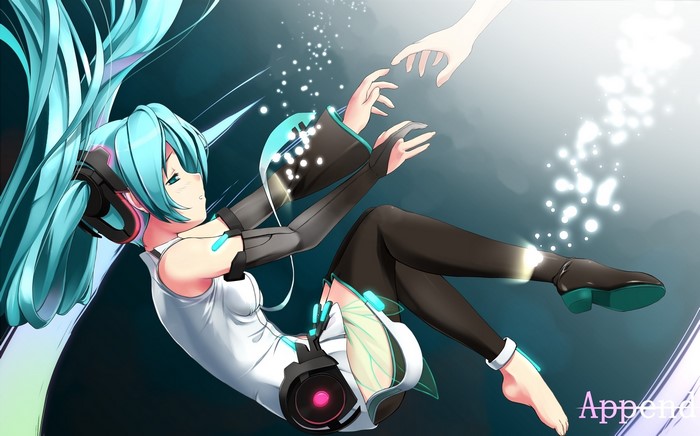 Hatsune Miku reaching for a hand underwater