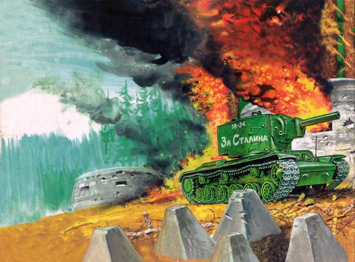 Painting of a Soviet KV-2 Tank in battle