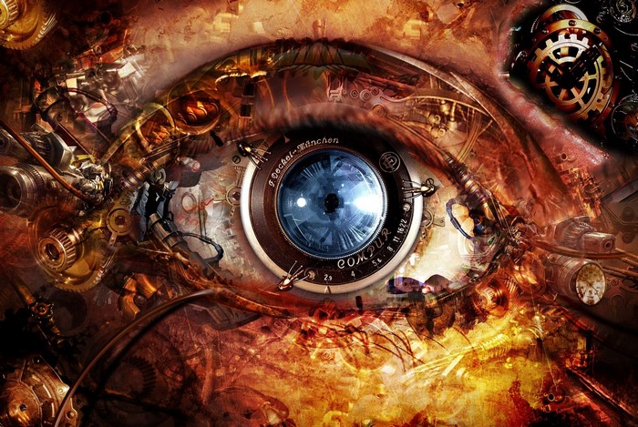 Steampunk mechanical eye with gears and clockwork