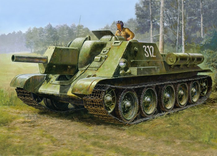 Painting of a SU-100 Tank with a Crew Member