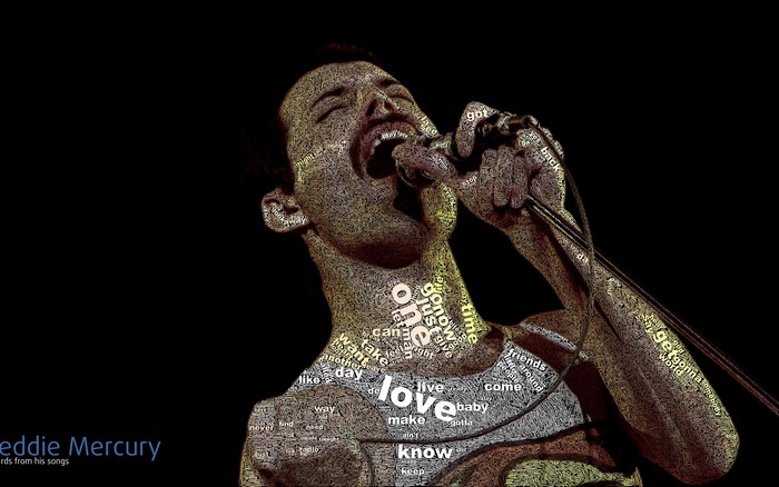 Freddie Mercury singing with lyrics forming his image