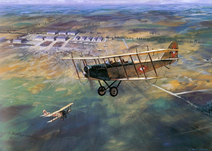 Roy Cross painting of biplanes over an airfield