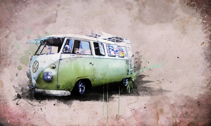 Green Volkswagen Bus with Stickers