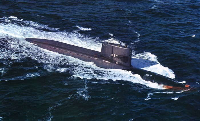 Submarine 59 sailing through the ocean