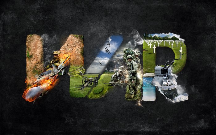 The word WAR depicted with military imagery