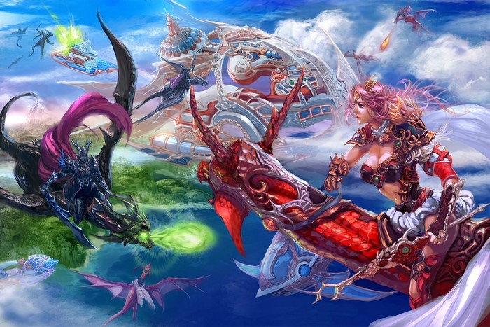 Warriors riding dragons in a fantasy battle