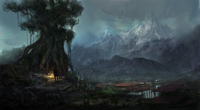 Fantastic world with a large tree and mountains