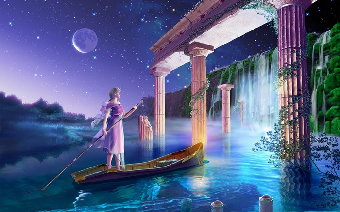 Woman in a boat near ancient ruins and waterfalls