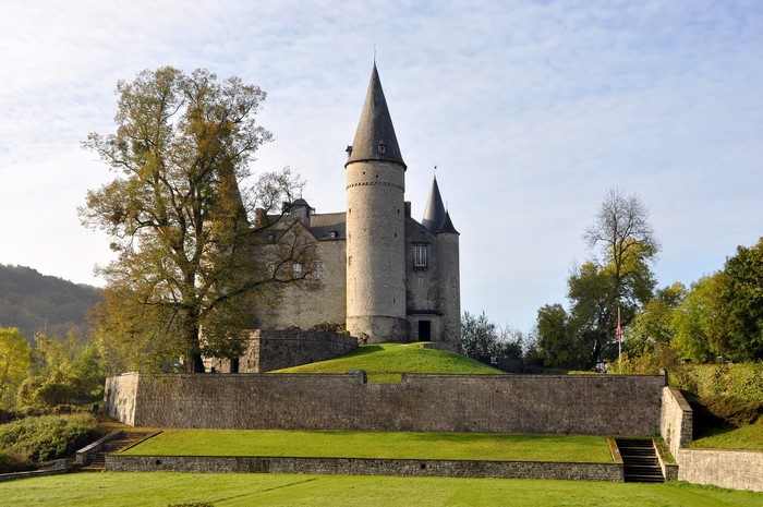Castle with conical towers and surrounding wall