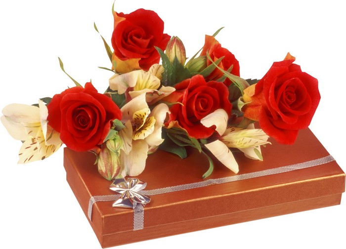 Red roses and alstroemeria on a gift box
