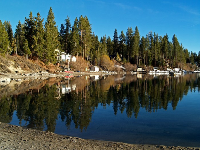 Lakefront homes and pine trees reflected in calm water