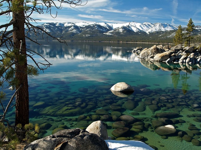 Sand Harbor State Park with Snow-Capped Mountains