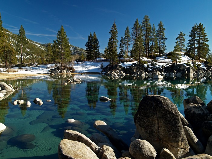 Sand Harbor State Park with clear water and snow