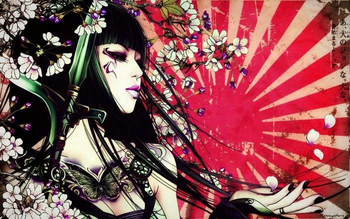 Woman with sword and cherry blossoms
