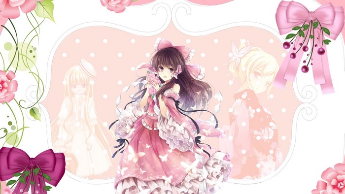 Anime girls in pink dresses with flowers and bows