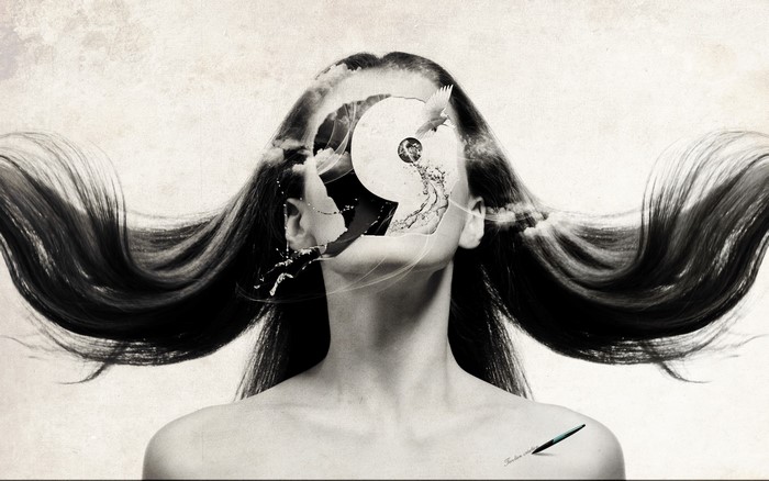 Surreal portrait of a woman with a broken face revealing a yin-yang symbol