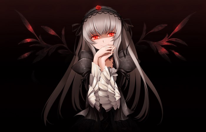 Shinku from Rozen Maiden with red eyes and dark wings