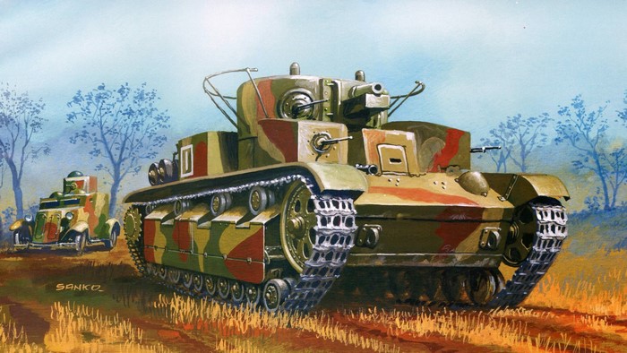 Painting of two Soviet tanks in a field