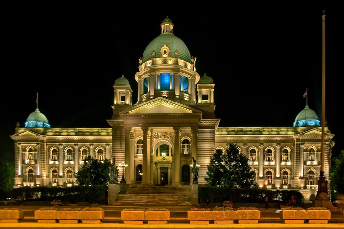 National Assembly of Serbia building at night