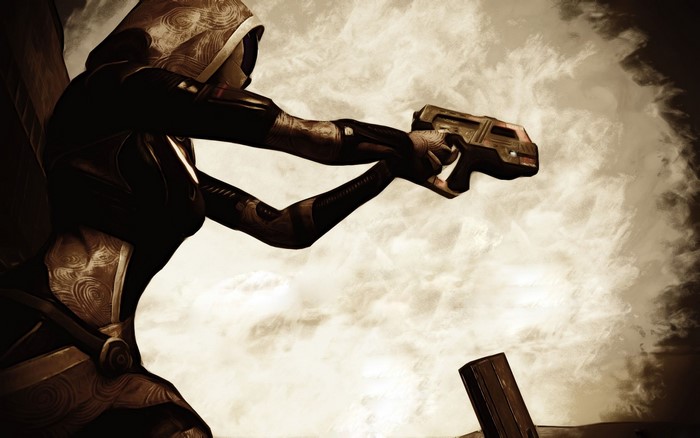 Tali'Zorah from Mass Effect holding a gun