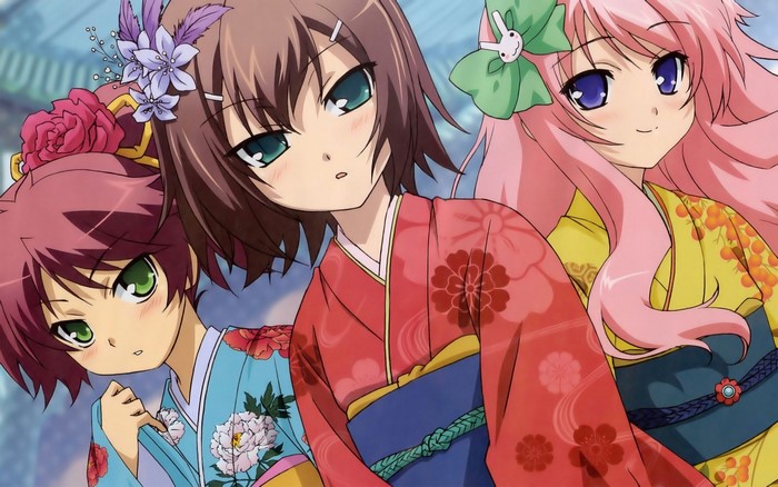 Three girls in kimonos from Baka to Test to Shoukanjuu
