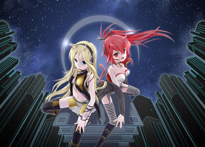 Two Vocaloid anime girls with cat ears in a futuristic city
