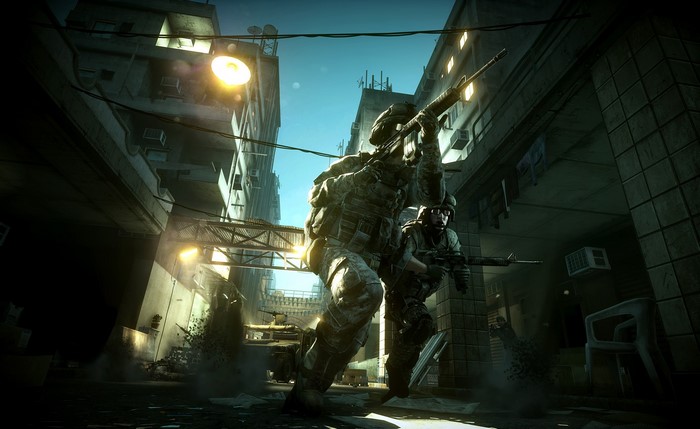 Soldiers in a war-torn city street