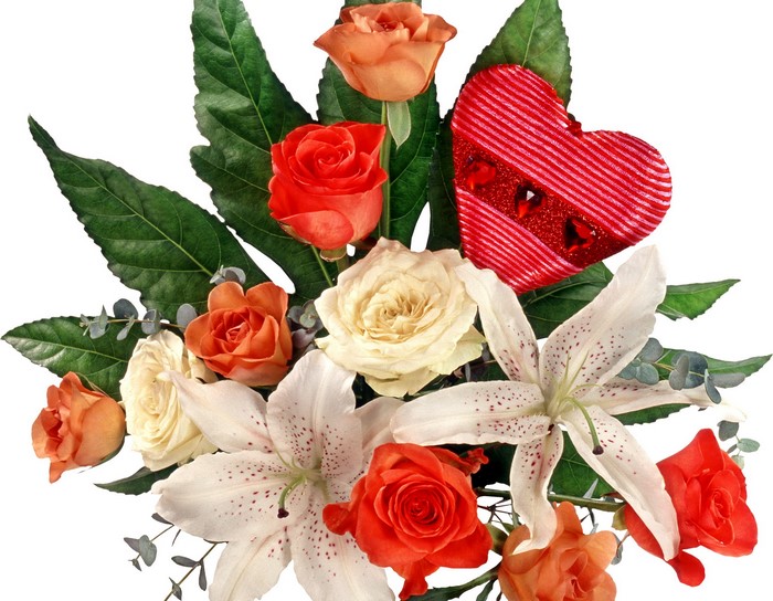 Bouquet of Roses and Lilies with Heart Decoration