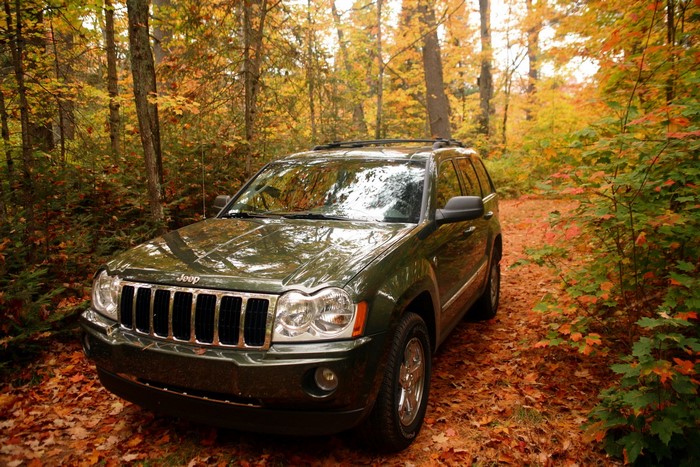 Green Jeep Grand Cherokee in Autumn Forest