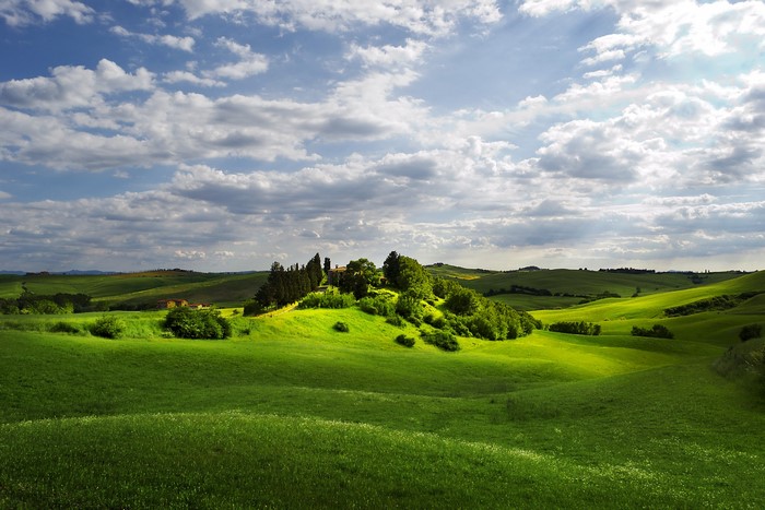 Rolling green hills with a farmhouse and cypress trees under a cloudy sky