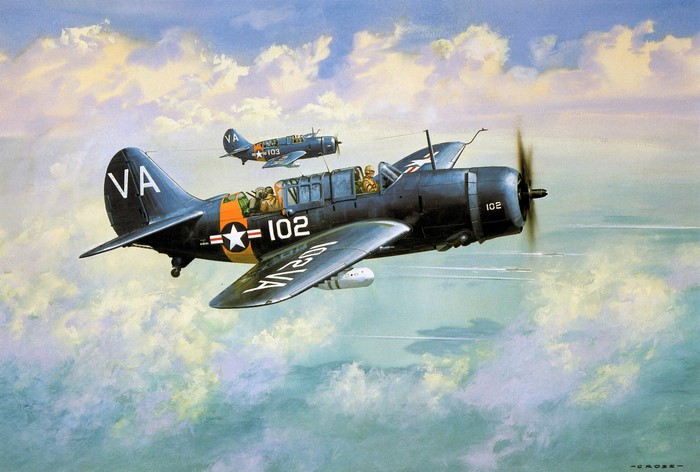 Two Navy Dive Bombers in Flight Over the Ocean