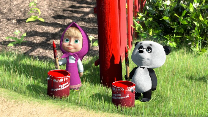Masha and the Bear painting a red post