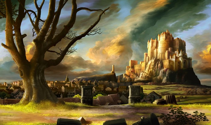 Fantasy castle on a hill overlooking a town