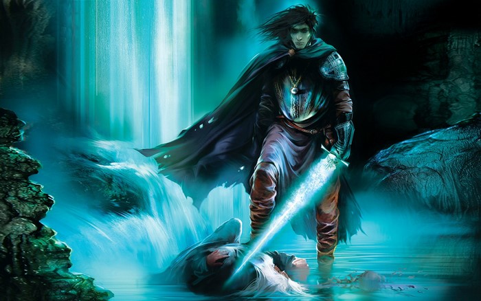 Warrior with glowing sword over fallen foe near waterfall