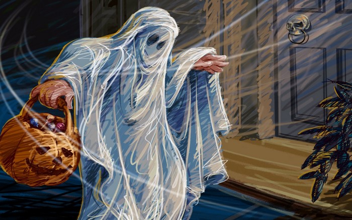Ghost trick-or-treater with pumpkin bucket at door