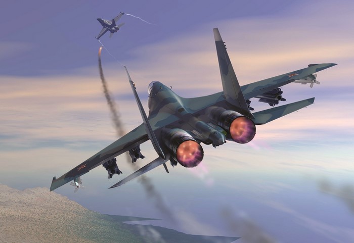 Two fighter jets in aerial combat with missiles