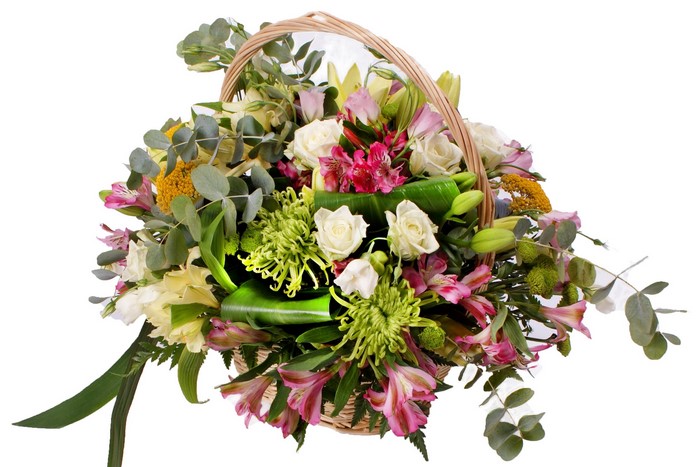 Flower basket arrangement with roses and lilies