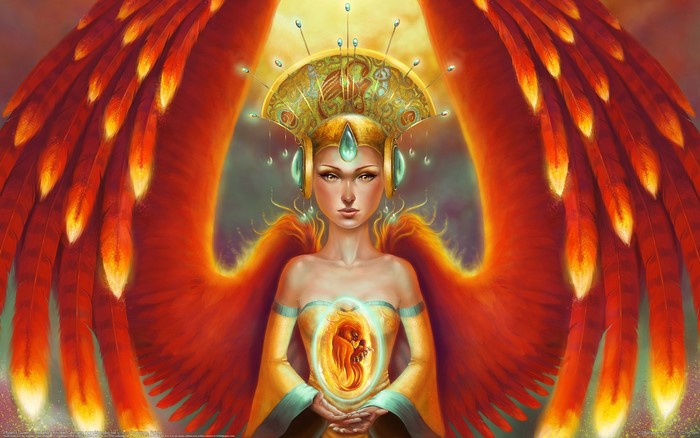 Phoenix woman with fiery wings and headdress