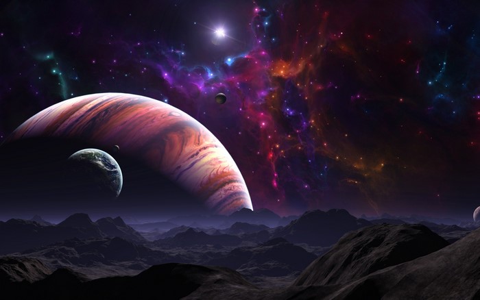 Planetary landscape with gas giant and nebula