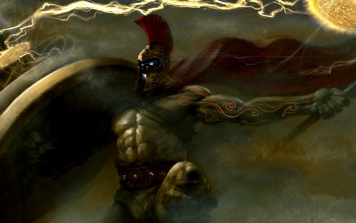 Warrior with shield and red cape with lightning