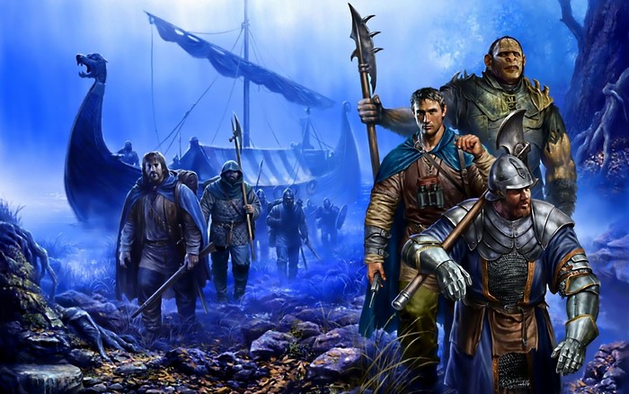 Warriors with armor and battle axes near a Viking ship