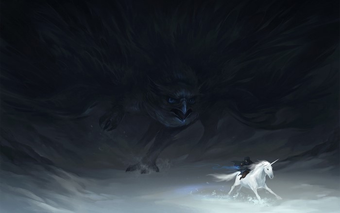 Unicorn and rider pursued by a giant bird creature