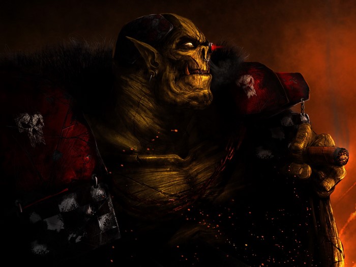 Orc from Warhammer 40,000 smoking a cigar