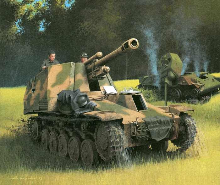 German SPG in a field with destroyed tanks