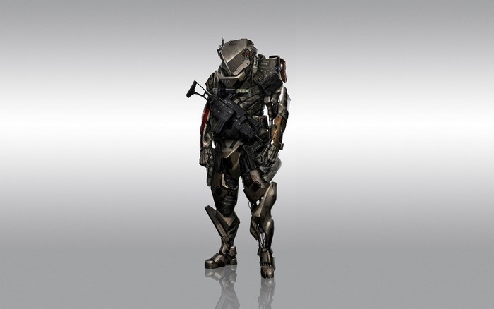 Soldier in futuristic armor with a rifle