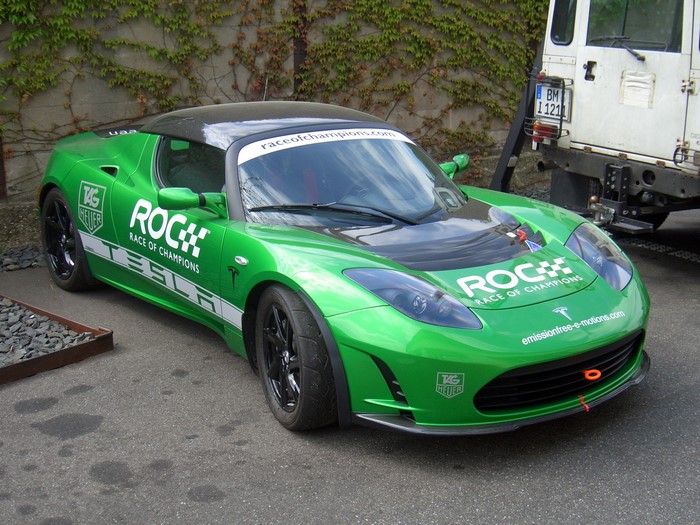 Green Tesla Roadster Race of Champions